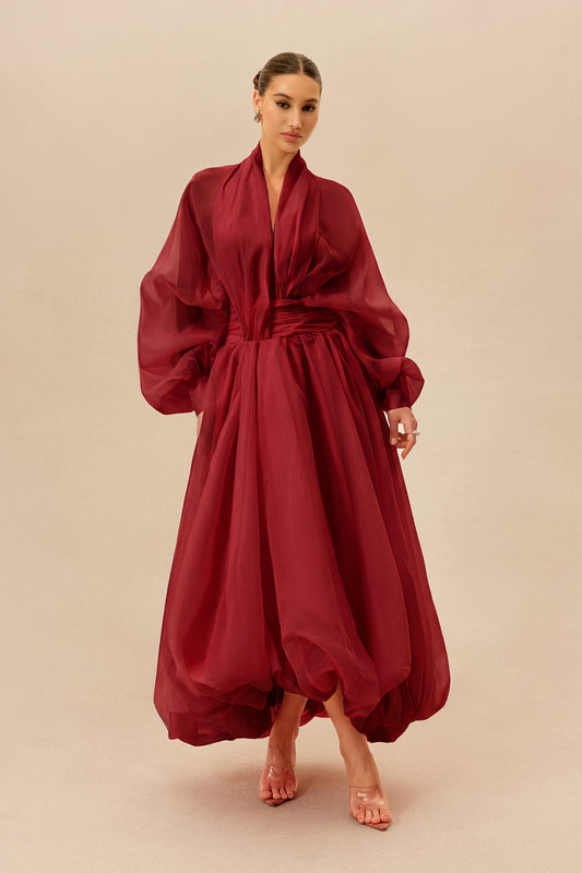 Burgundy Organza Sheer Balloon-Sleeve Deep V-Neck Maxi Dress