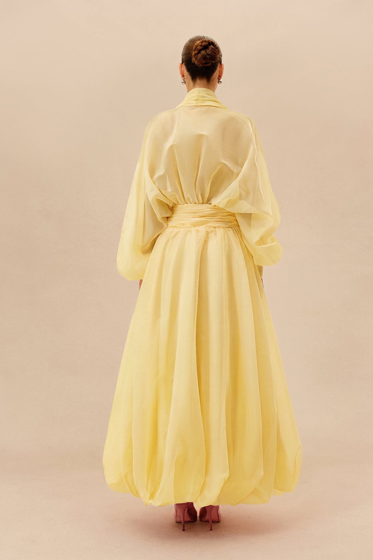 Yellow Organza Sheer Long Balloon-Sleeve V-Neck Maxi Dress