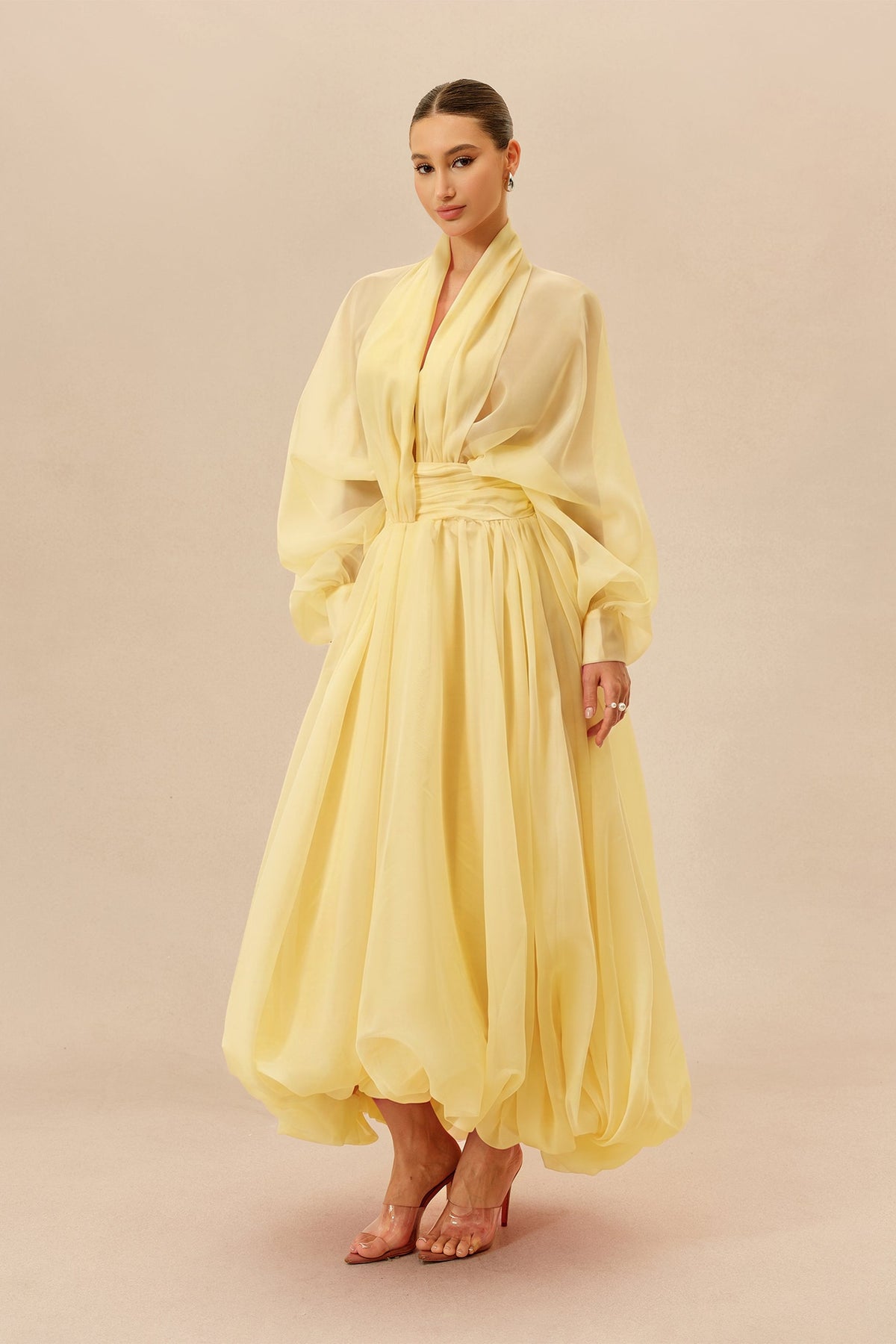 Yellow Organza Sheer Long Balloon-Sleeve V-Neck Maxi Dress