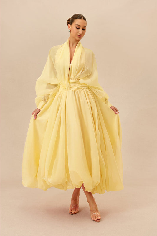 Yellow Organza Sheer Long Balloon-Sleeve V-Neck Maxi Dress