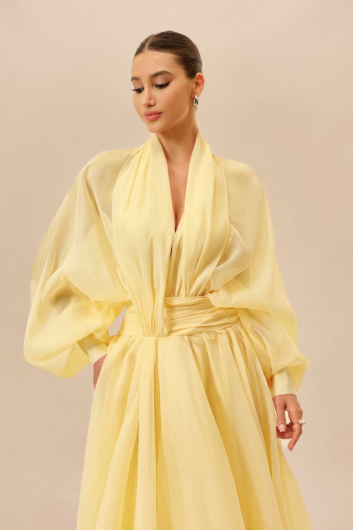 Yellow Organza Sheer Long Balloon-Sleeve V-Neck Maxi Dress