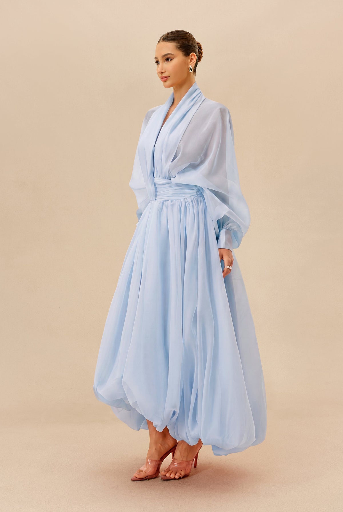 Blue Organza Sheer Long Balloon-Sleeve Deep V-Neck Maxi Dress