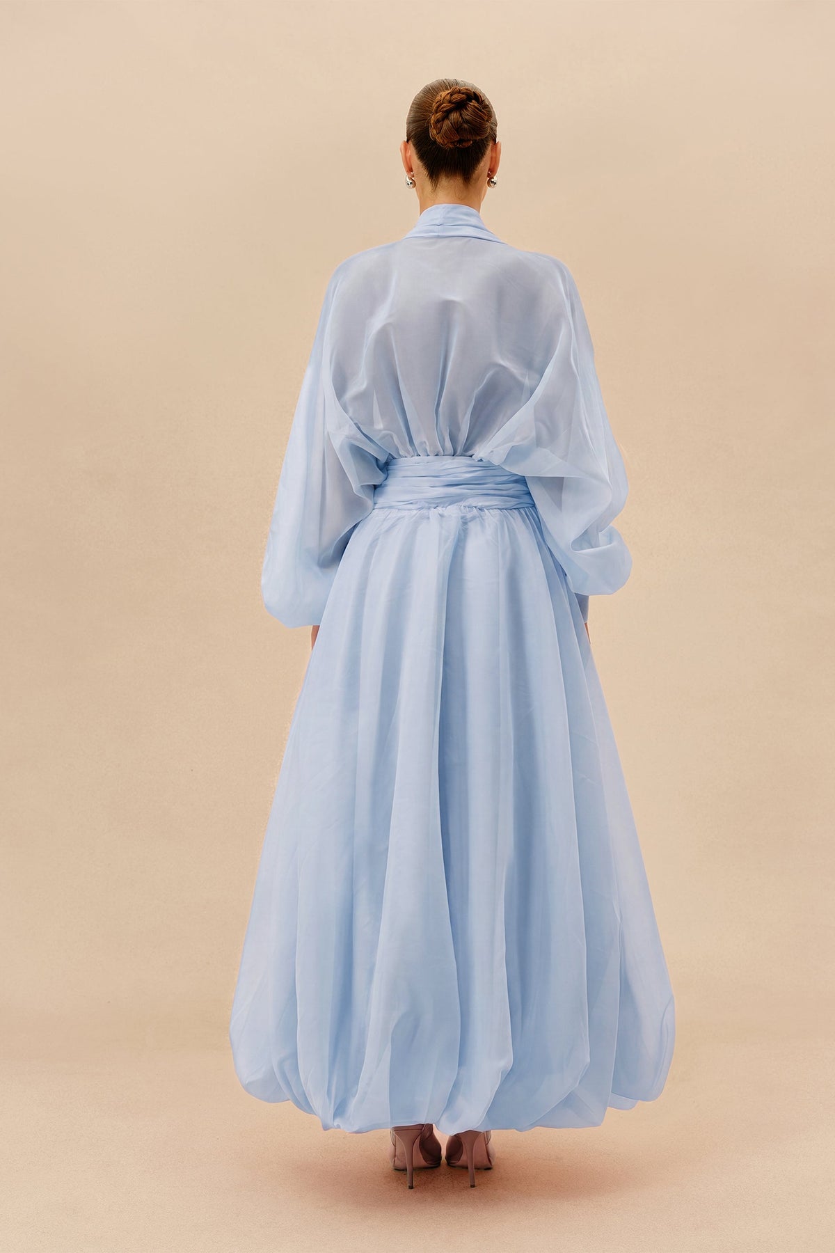 Blue Organza Sheer Long Balloon-Sleeve Deep V-Neck Maxi Dress