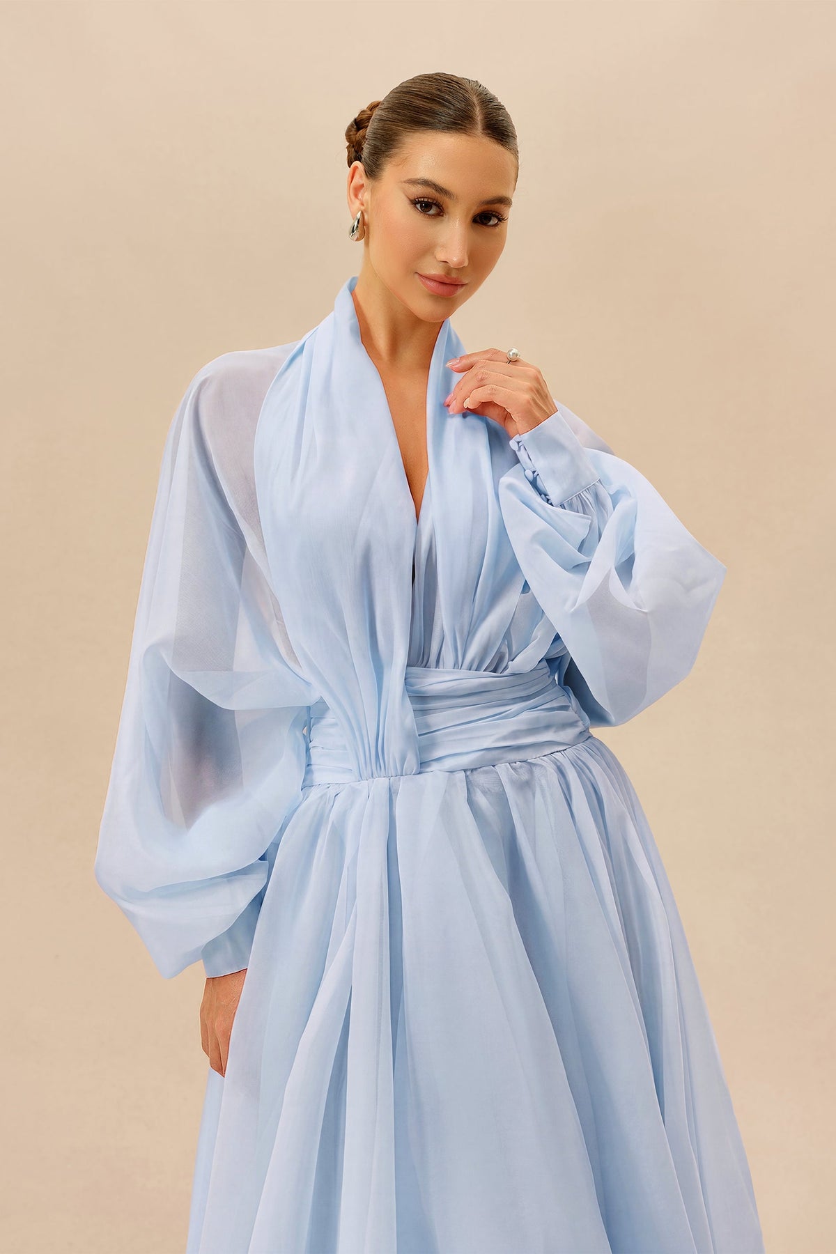 Blue Organza Sheer Long Balloon-Sleeve Deep V-Neck Maxi Dress
