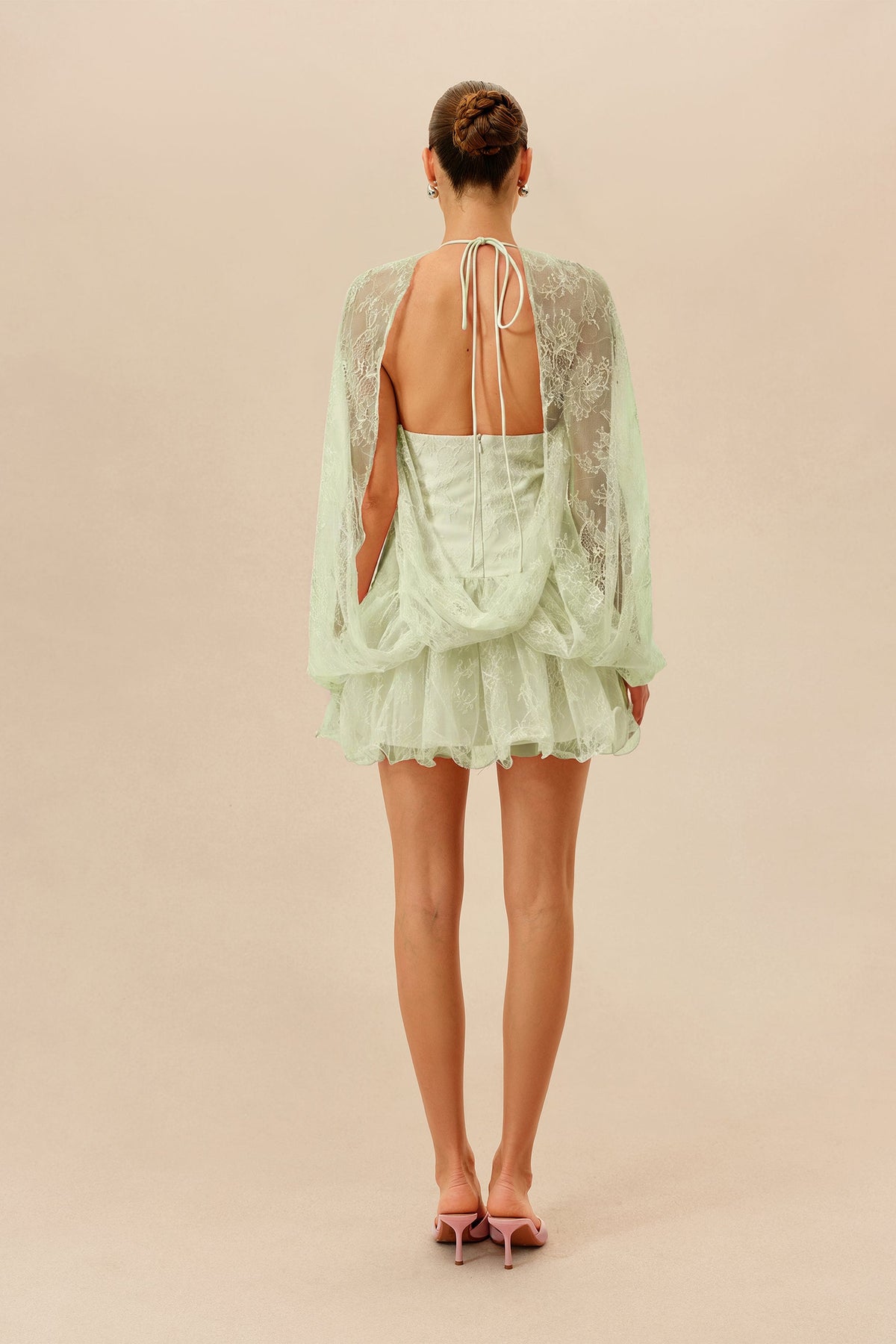 Light Green Floral Lace 3D Flower Cape Sleeves Cocktail Mini Dress
