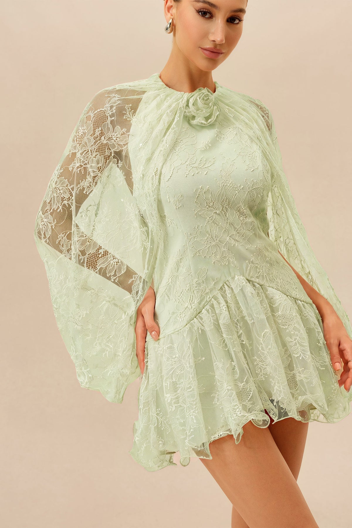 Light Green Floral Lace 3D Flower Cape Sleeves Cocktail Mini Dress