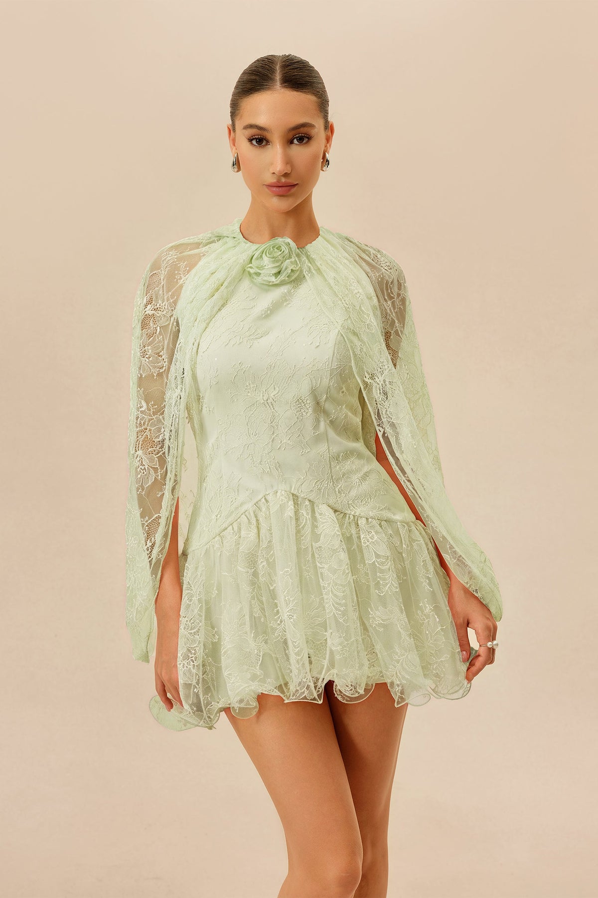 Light Green Floral Lace 3D Flower Cape Sleeves Cocktail Mini Dress