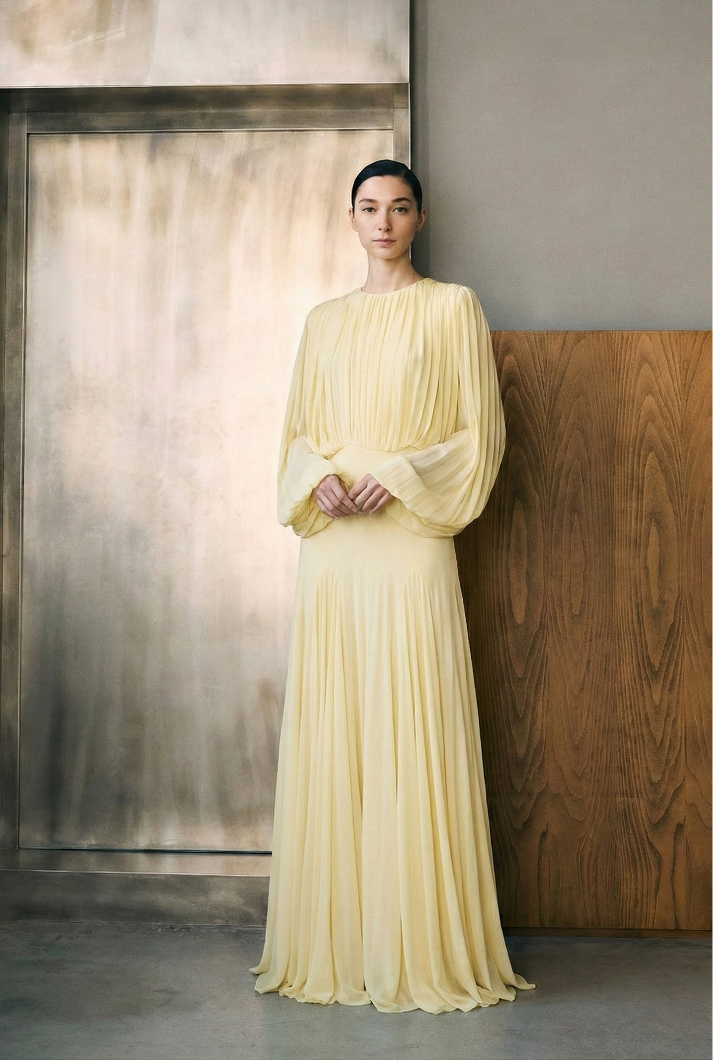 Polyester Long Dress with Pleated Patchwork and Waist-Cinching Design