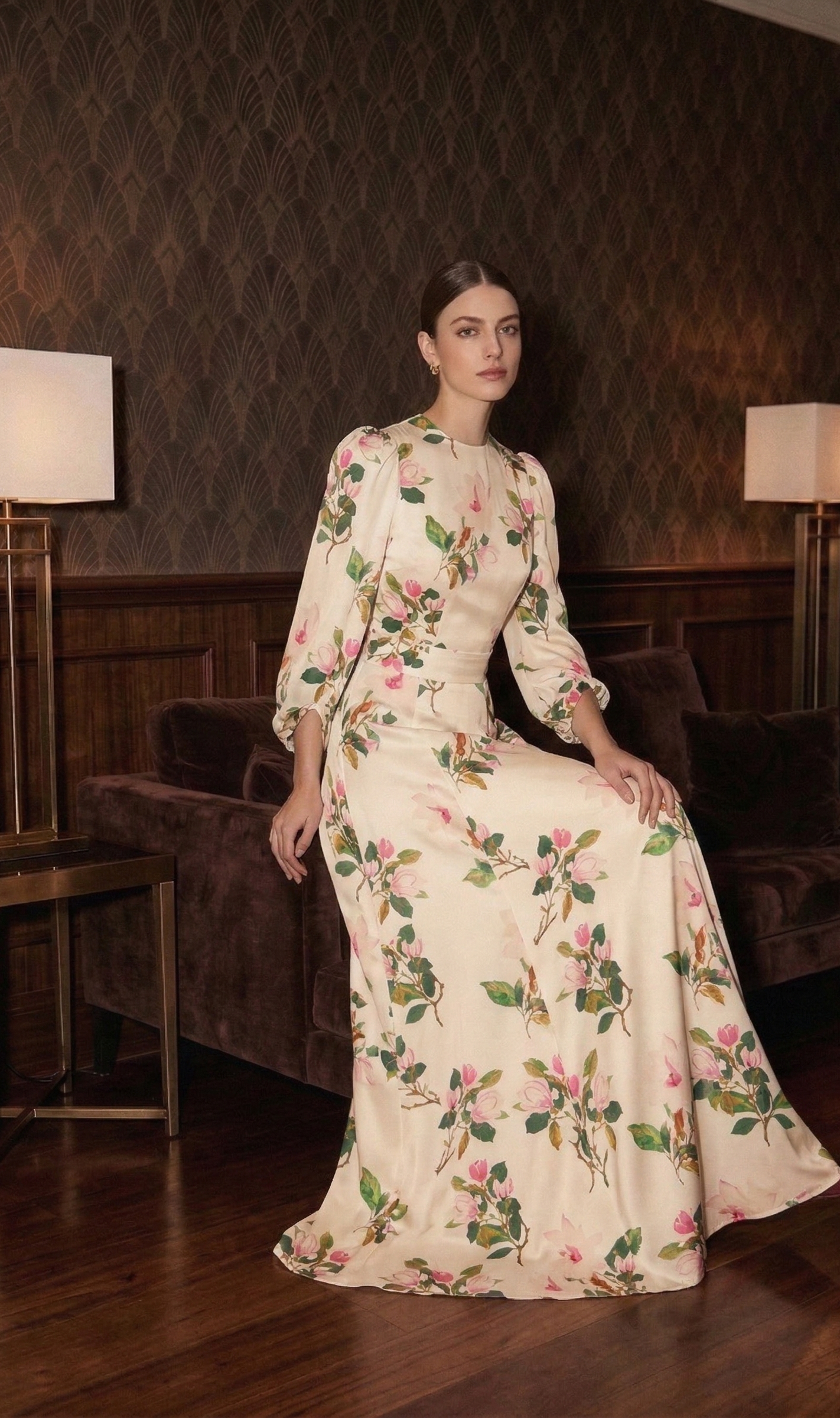 Satin Long Dress with Lantern Sleeves and Elegant Print