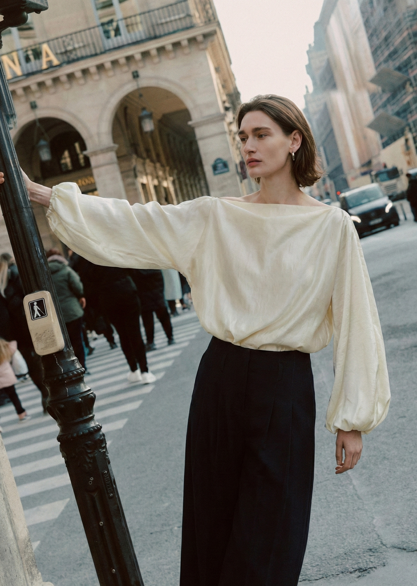 Satin Off-Shoulder Blouse - Asymmetric Elegant Long Sleeve