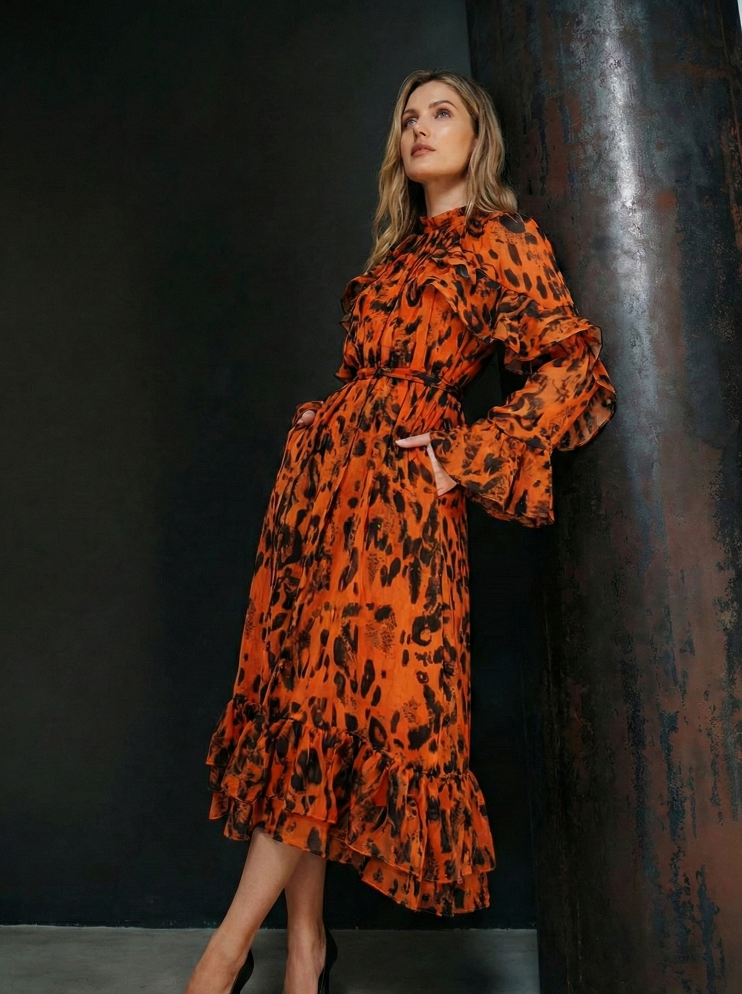 Polyester Leopard Print Midi Dress with Tie-Waist and Bell Sleeves