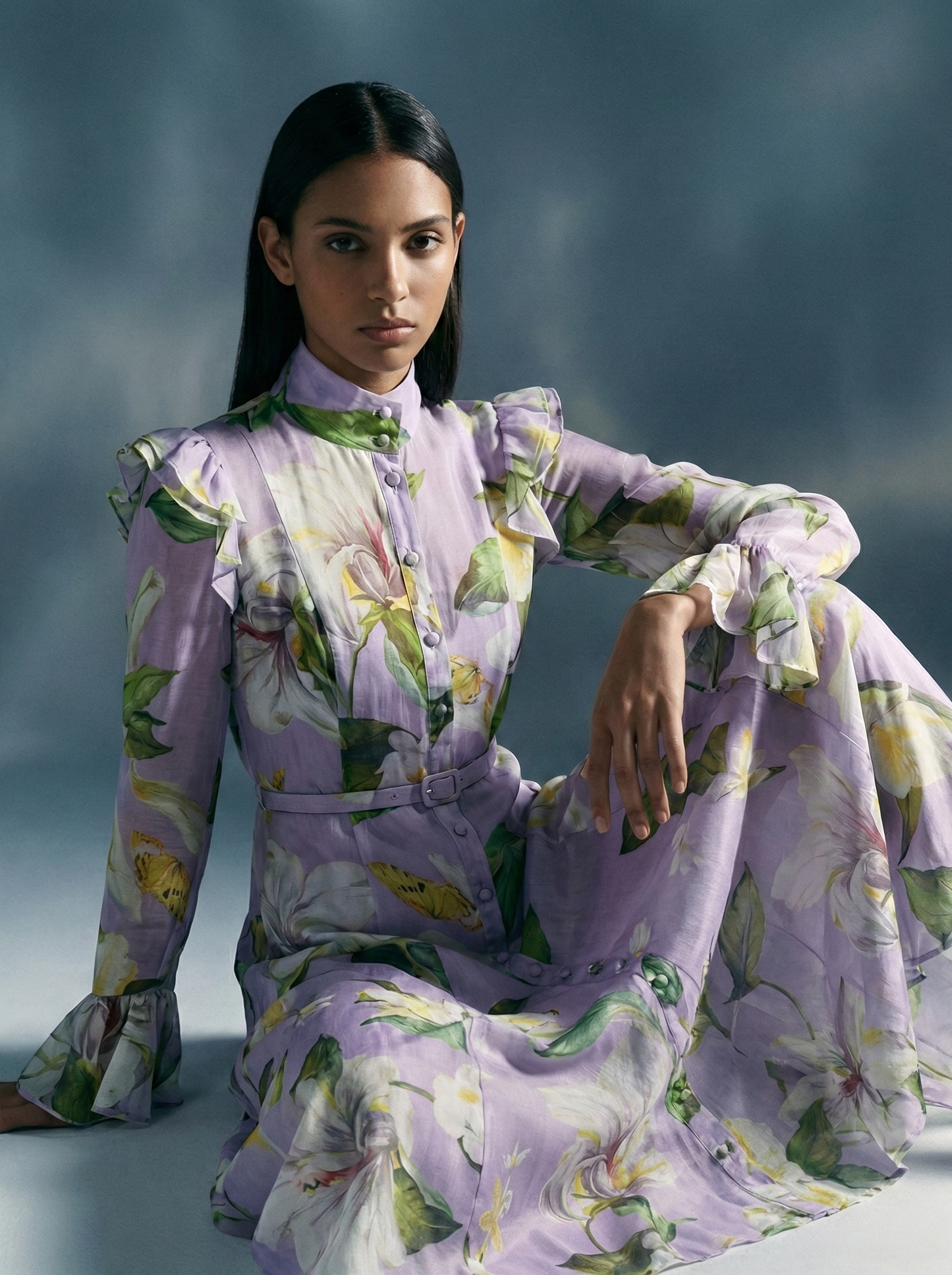 Polyester Printed Dress with Belt and Ruffled Bell Sleeves