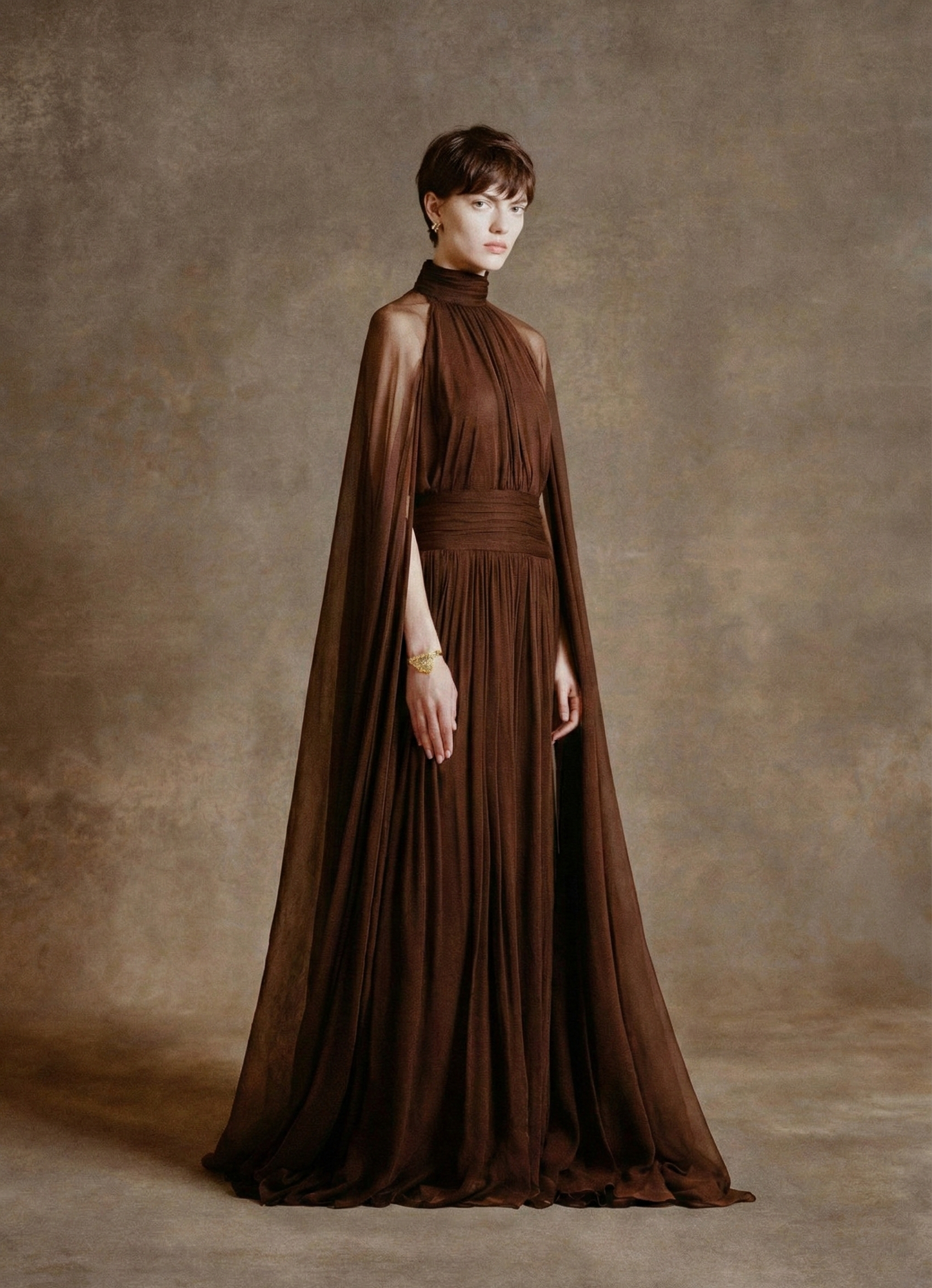 Mesh Long Dress with High-Neck Bow and Backless Design