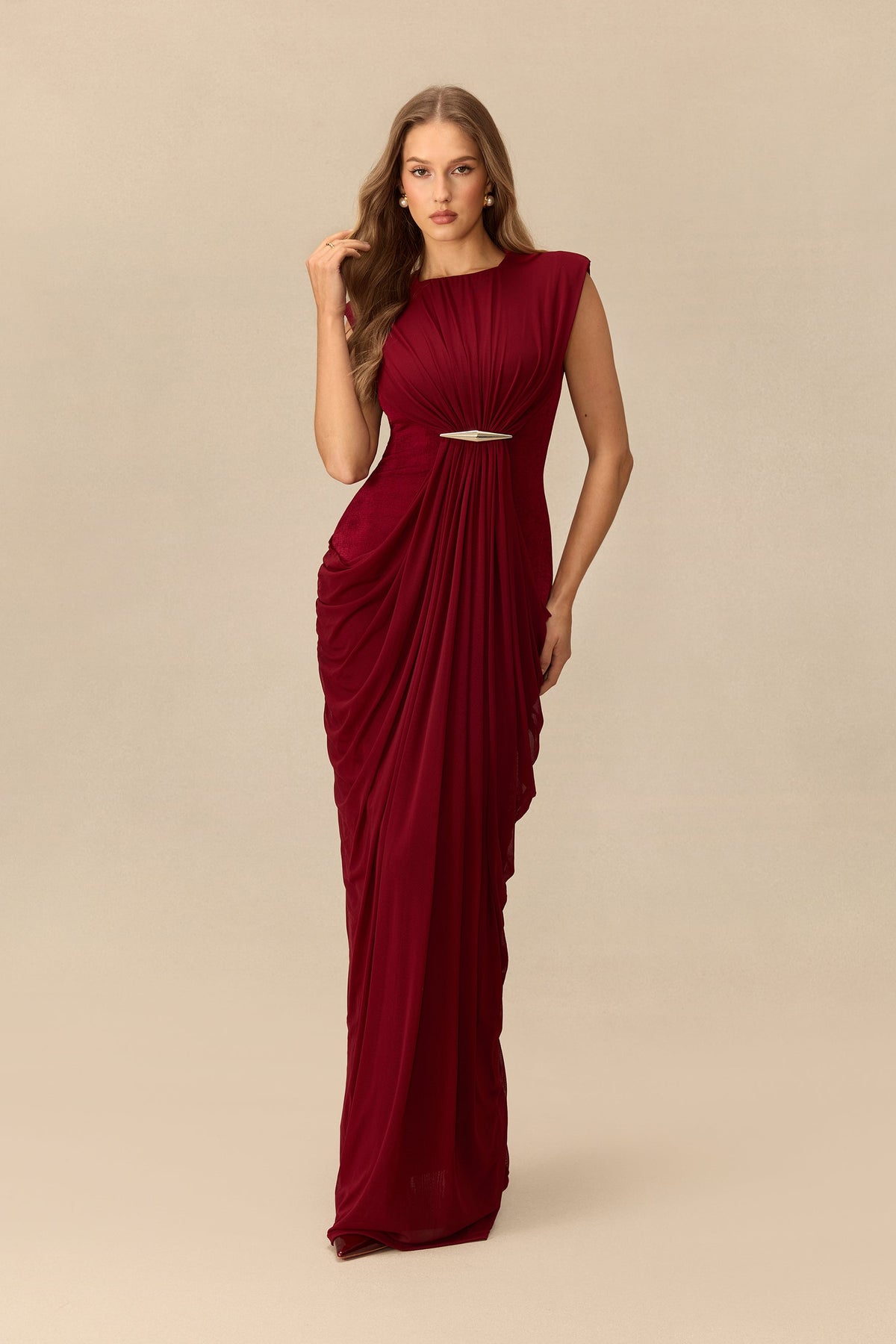 Knit Metal Accent Draped Cap-Sleeve Wedding Guest Maxi Dress