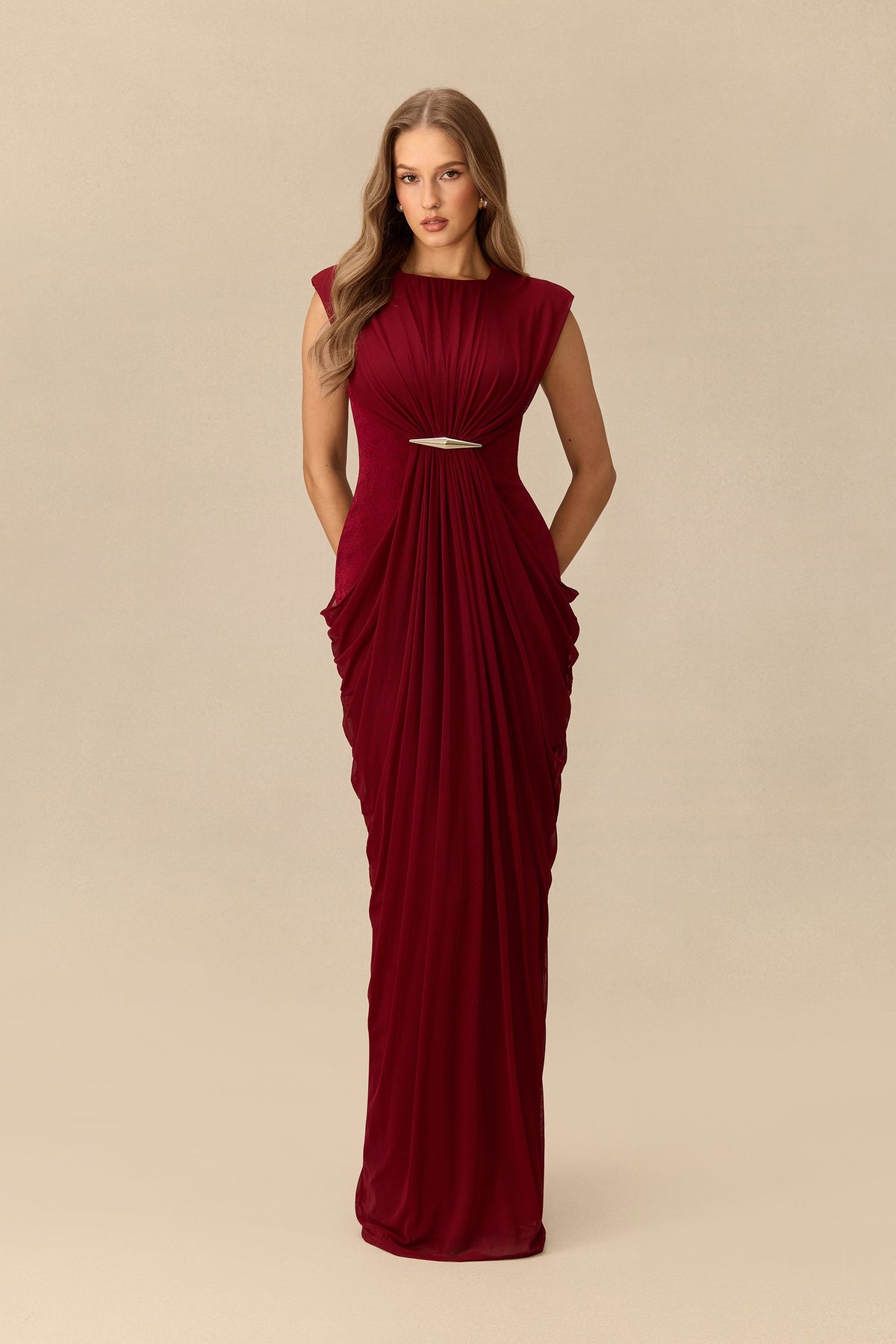 Knit Metal Accent Draped Cap-Sleeve Wedding Guest Maxi Dress