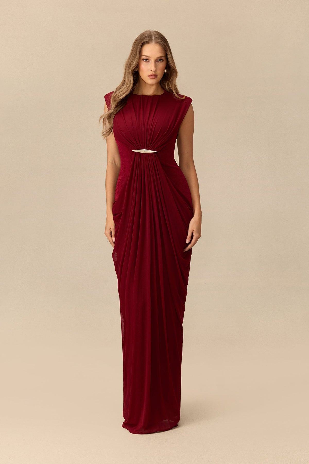 Knit Metal Accent Draped Cap-Sleeve Wedding Guest Maxi Dress