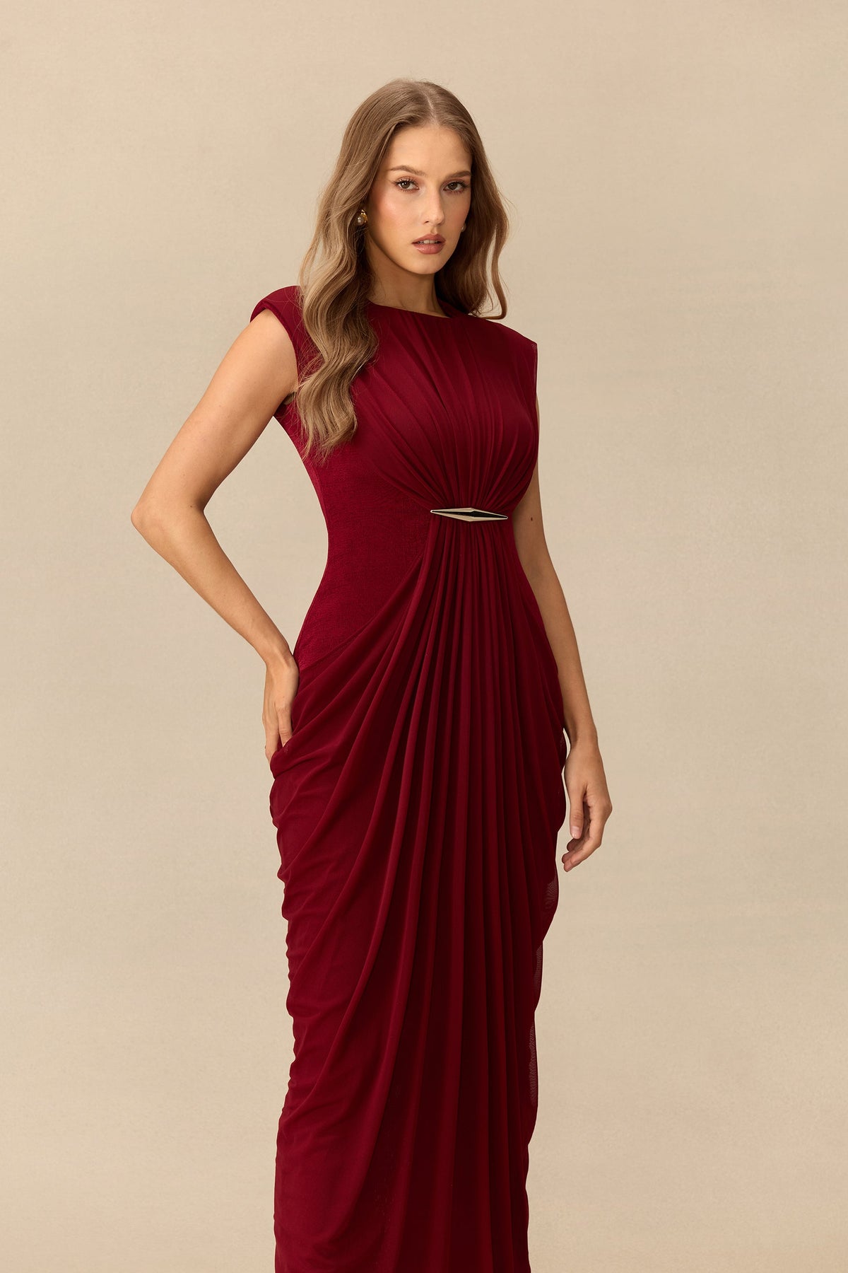 Knit Metal Accent Draped Cap-Sleeve Wedding Guest Maxi Dress