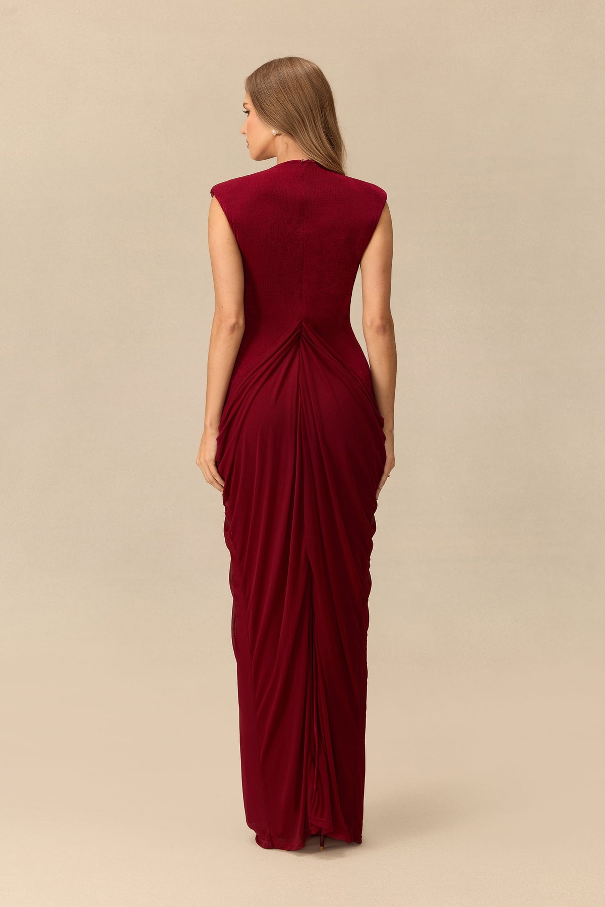 Knit Metal Accent Draped Cap-Sleeve Wedding Guest Maxi Dress