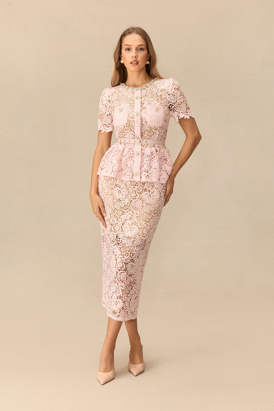 Floral Lace Rhinestone Beaded Peplum Belted Wedding Guest Midi Dress