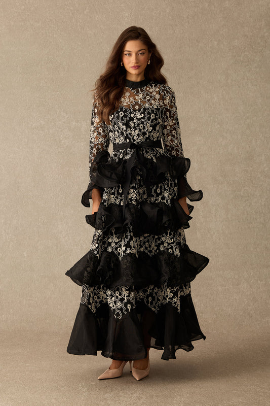Floral Lace Tiered Belted Long Flared Sleeves Maxi Dress