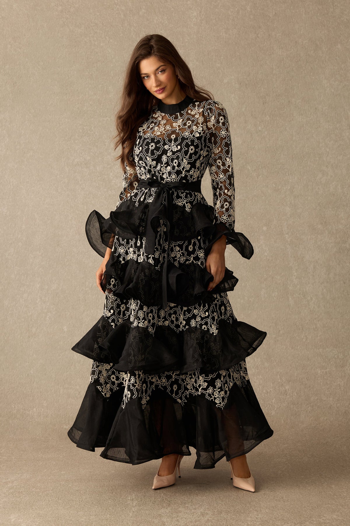Floral Lace Tiered Belted Long Flared Sleeves Maxi Dress