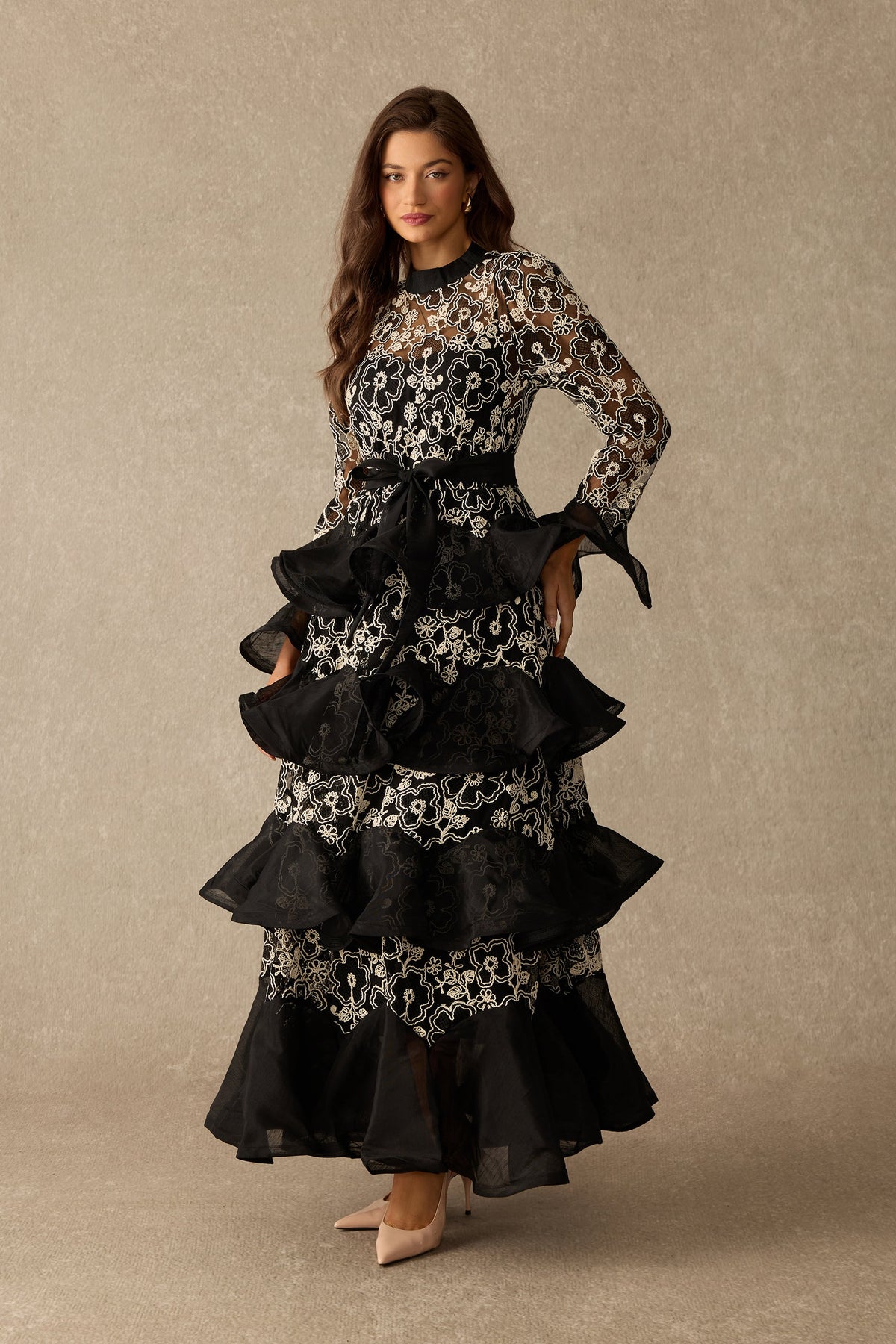 Floral Lace Tiered Belted Long Flared Sleeves Maxi Dress