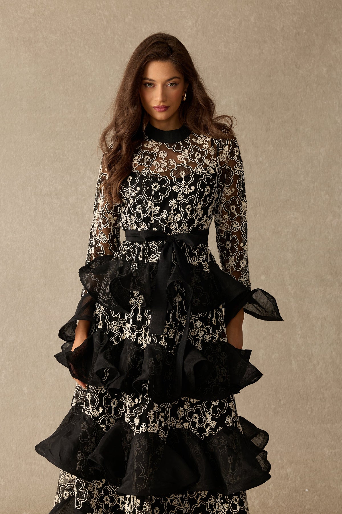 Floral Lace Tiered Belted Long Flared Sleeves Maxi Dress