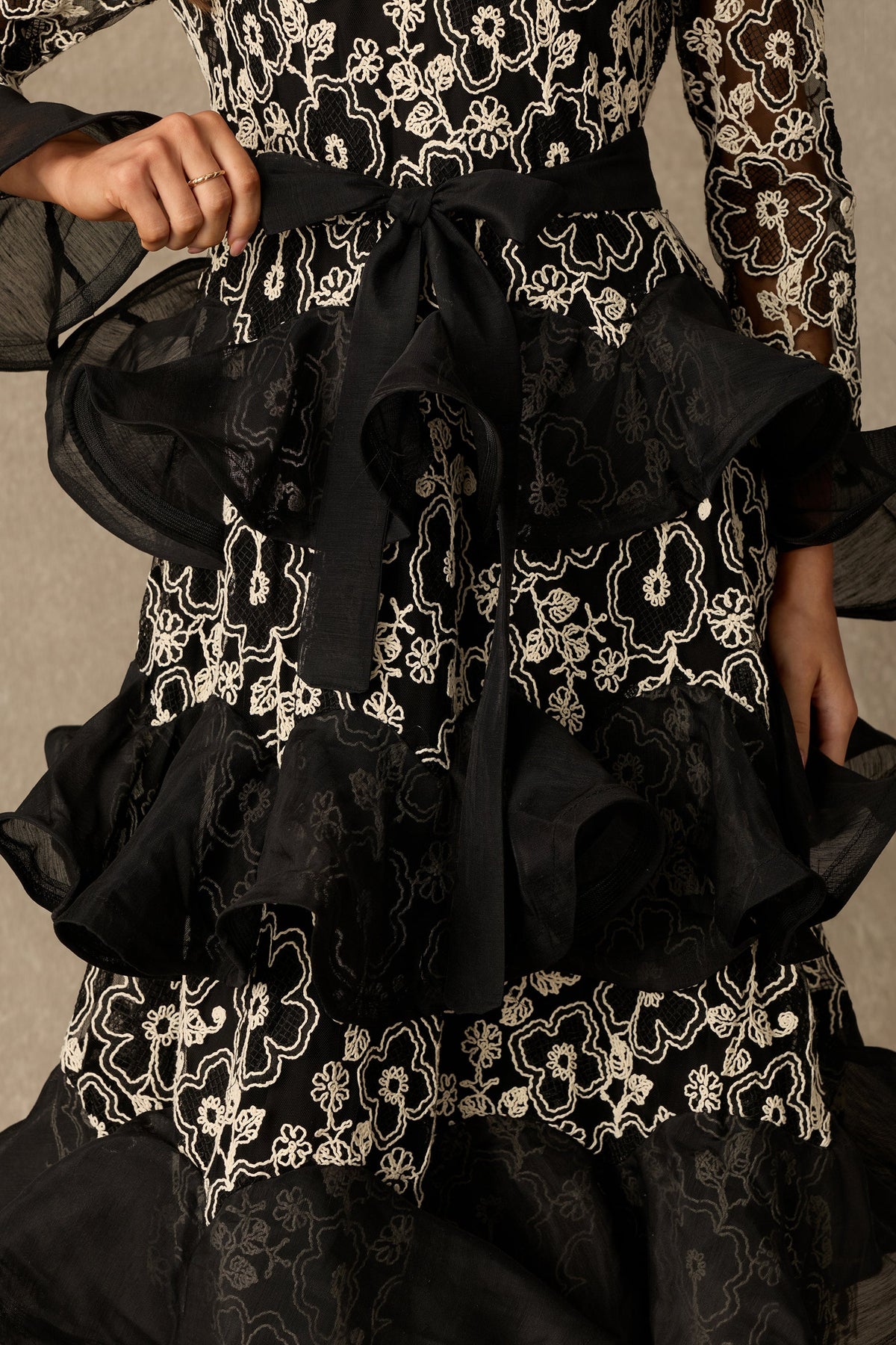 Floral Lace Tiered Belted Long Flared Sleeves Maxi Dress