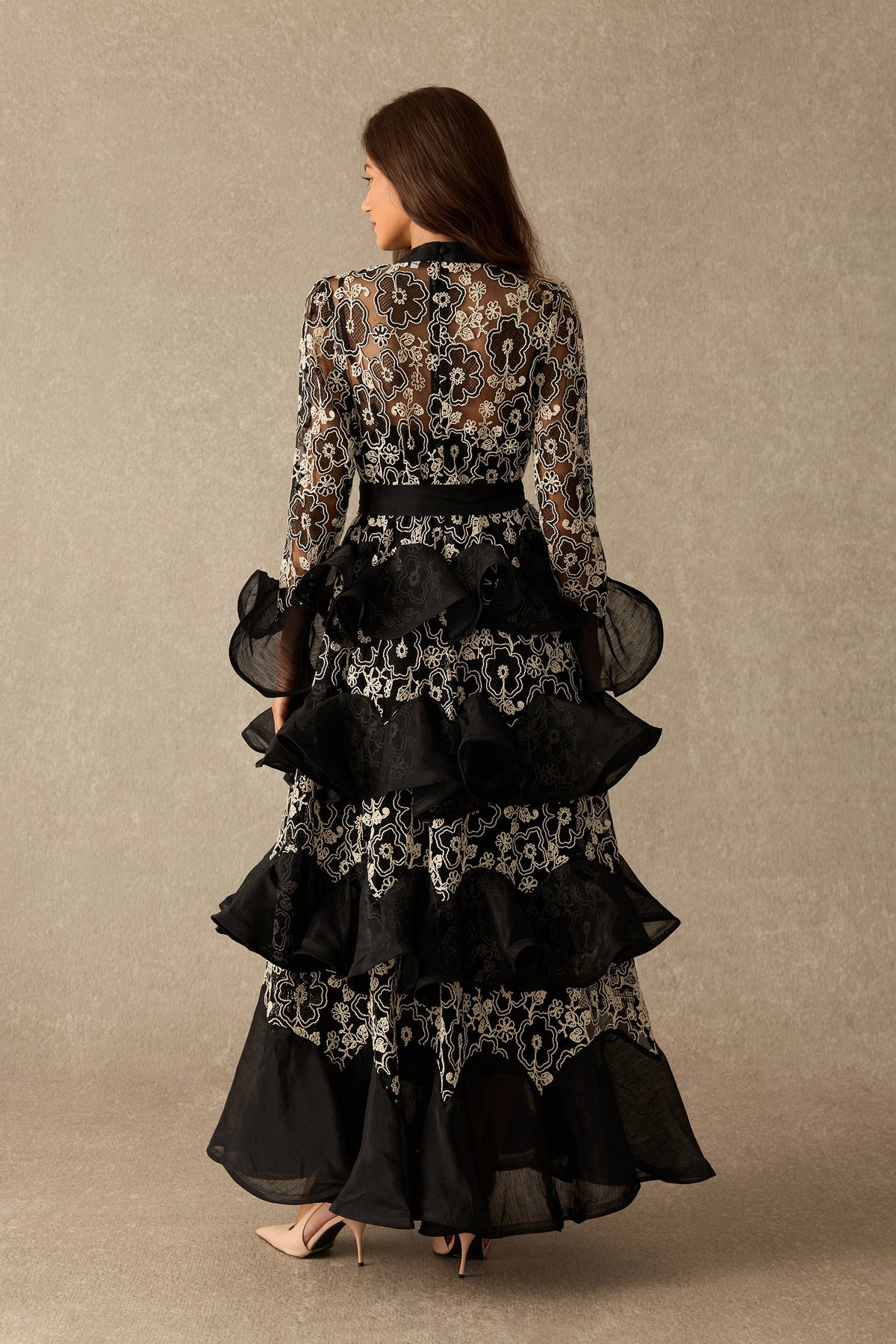 Floral Lace Tiered Belted Long Flared Sleeves Maxi Dress