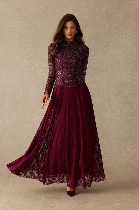 Purple Rhinestone Beaded Lace High-Neck Long Sheer Sleeves Maxi Dress