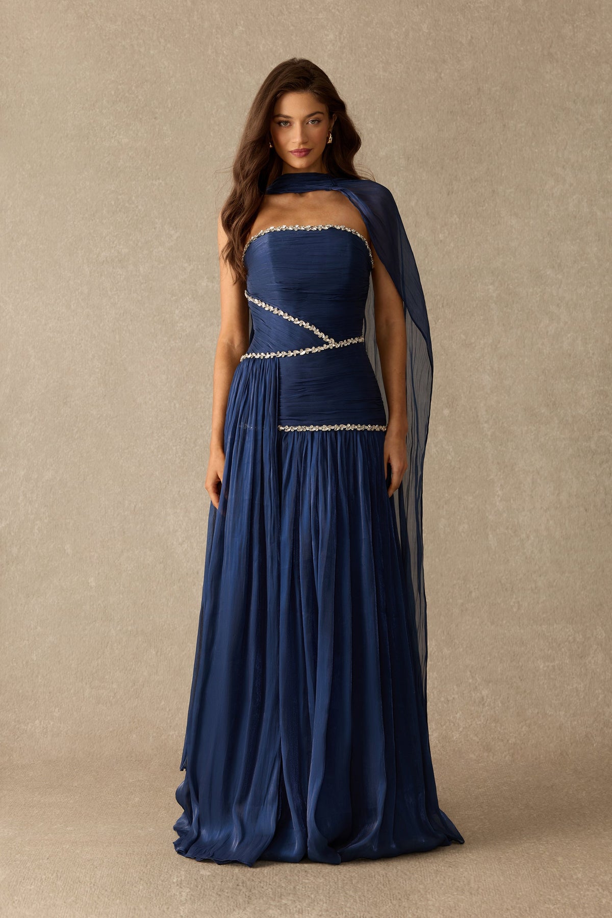 Blue Chiffon Rhinestone Trim Scarf Pleated Strapless Maxi Dress