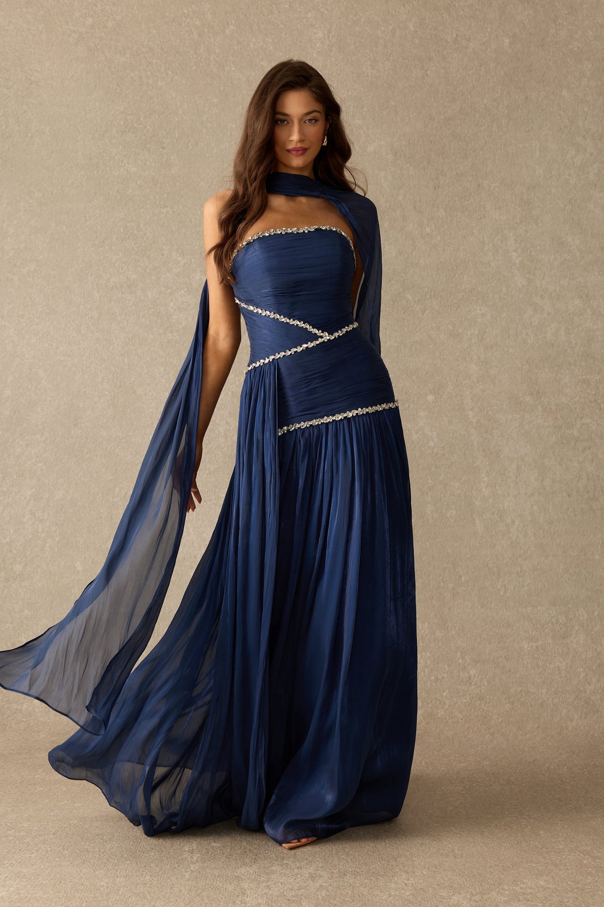 Blue Chiffon Rhinestone Trim Scarf Pleated Strapless Maxi Dress