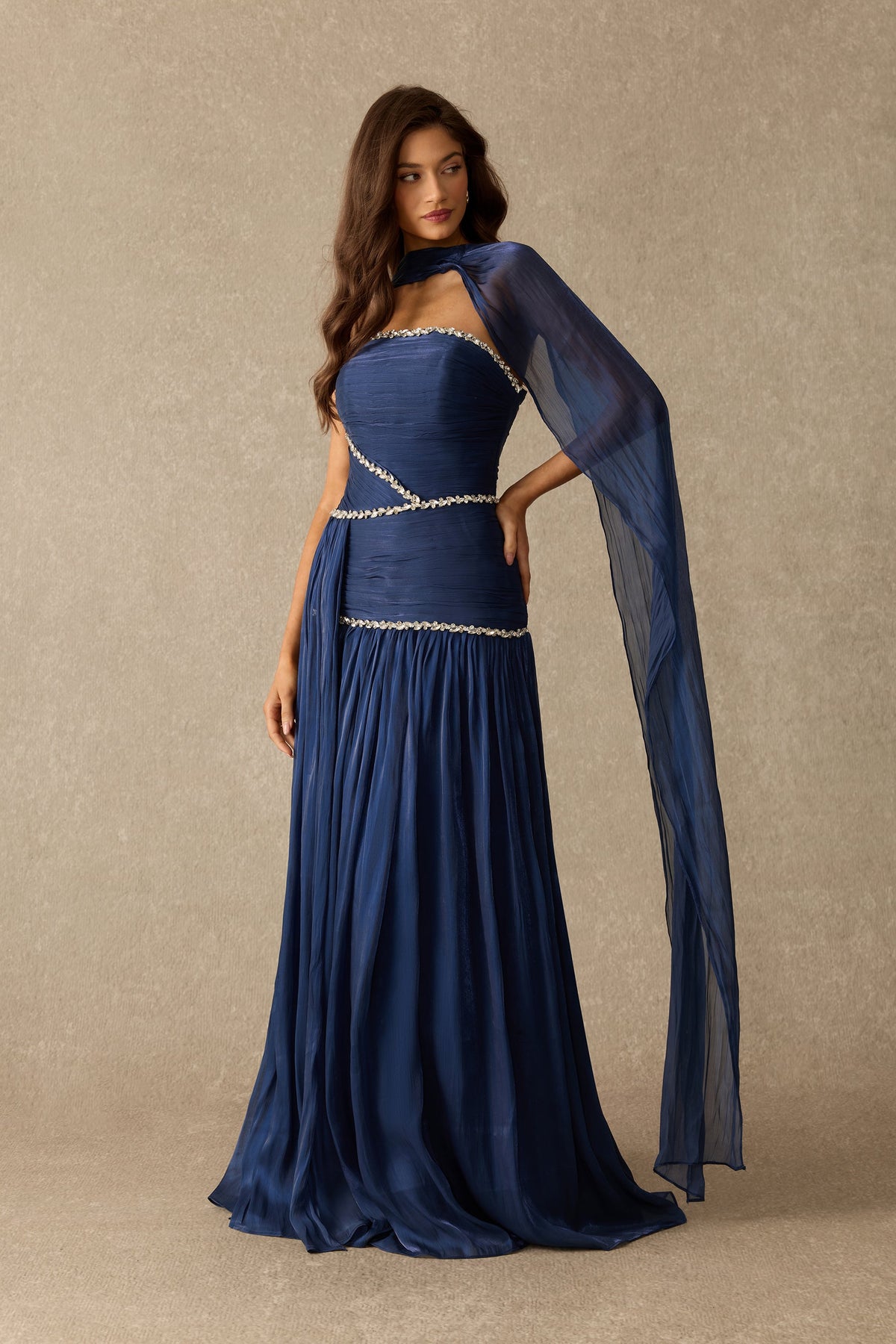 Blue Chiffon Rhinestone Trim Scarf Pleated Strapless Maxi Dress