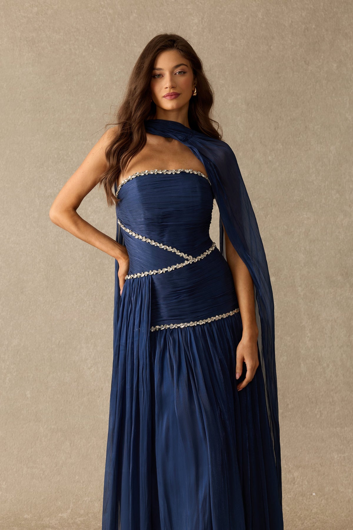 Blue Chiffon Rhinestone Trim Scarf Pleated Strapless Maxi Dress