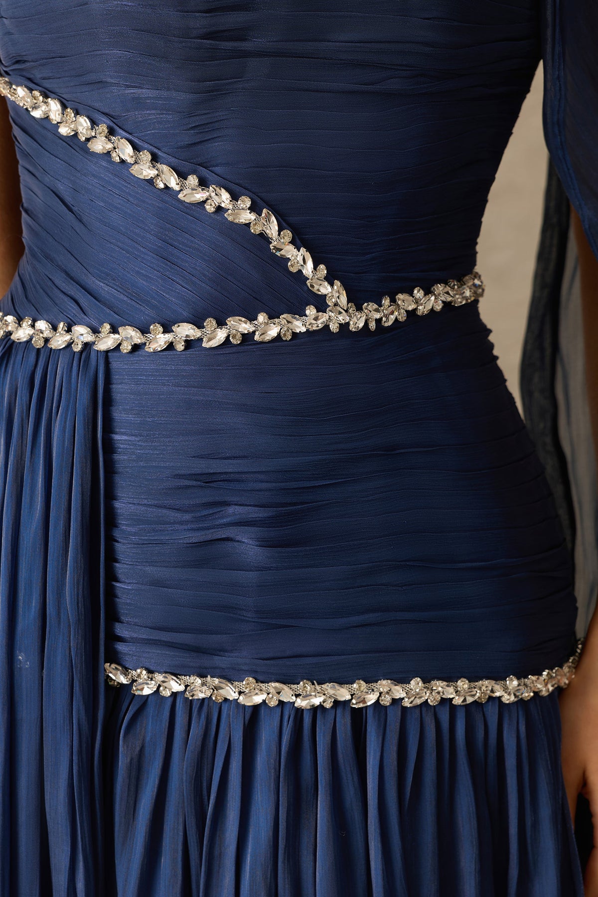 Blue Chiffon Rhinestone Trim Scarf Pleated Strapless Maxi Dress