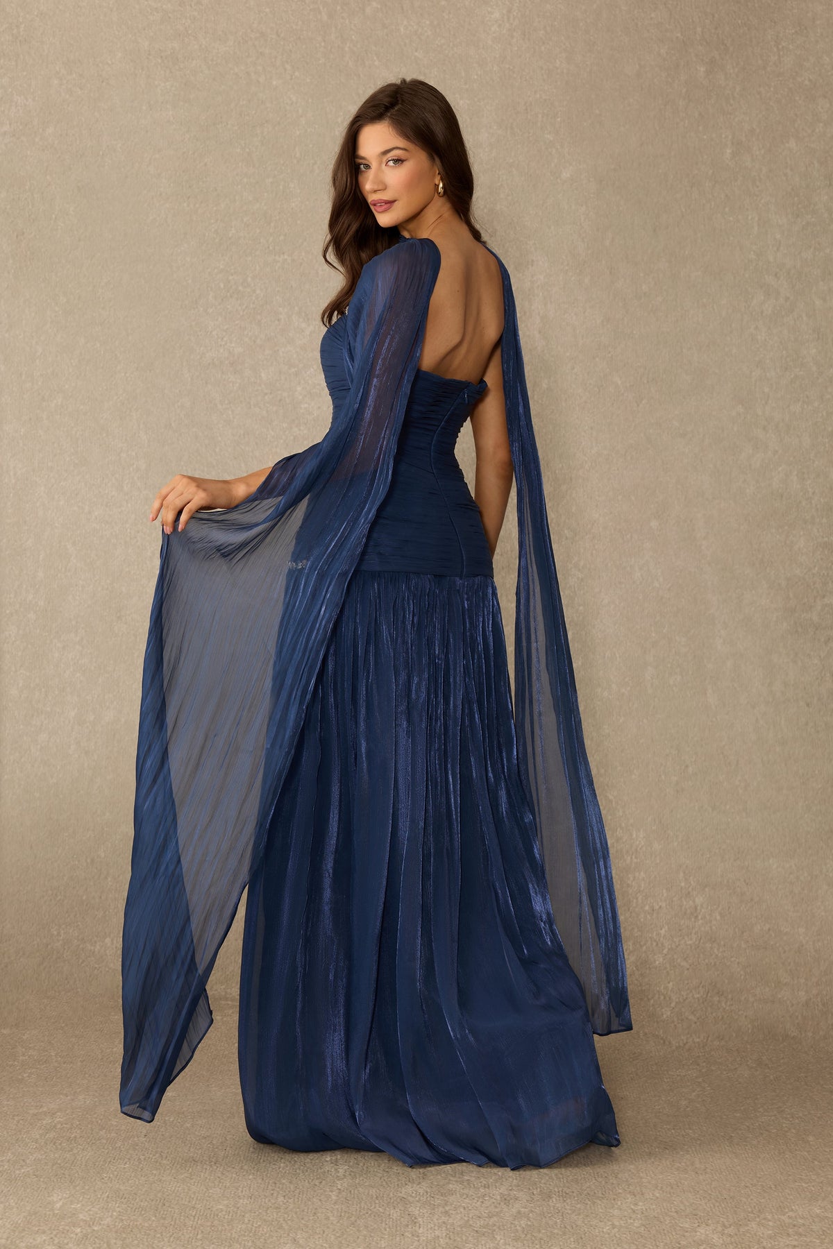 Blue Chiffon Rhinestone Trim Scarf Pleated Strapless Maxi Dress