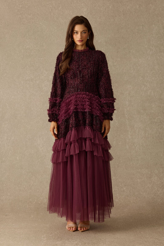 Floral Lace Tulle Tiered Wedding Guest Maxi Dress