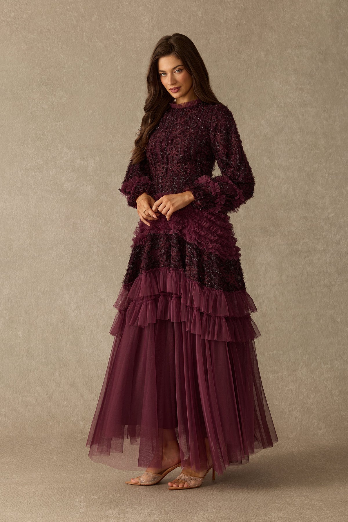 Floral Lace Tulle Tiered Wedding Guest Maxi Dress