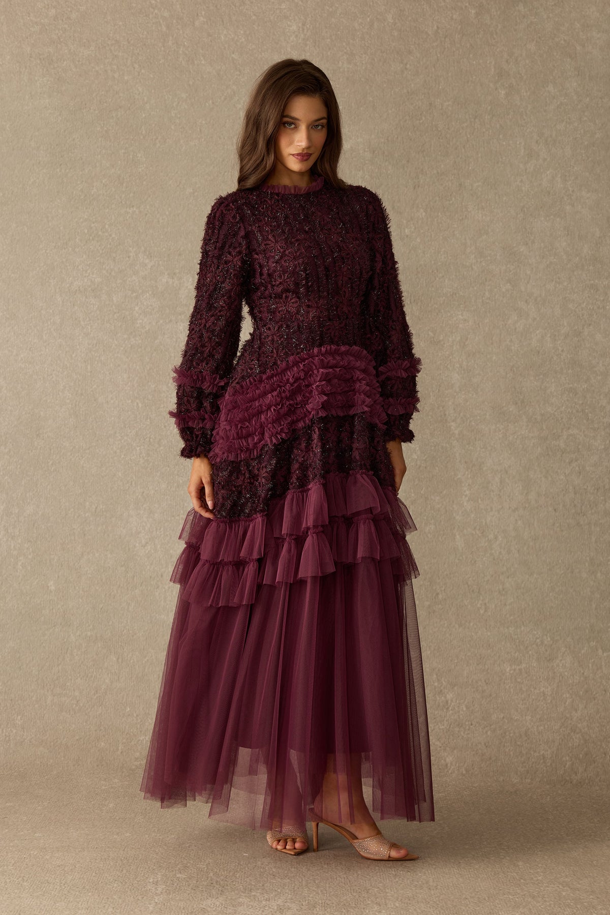 Floral Lace Tulle Tiered Wedding Guest Maxi Dress