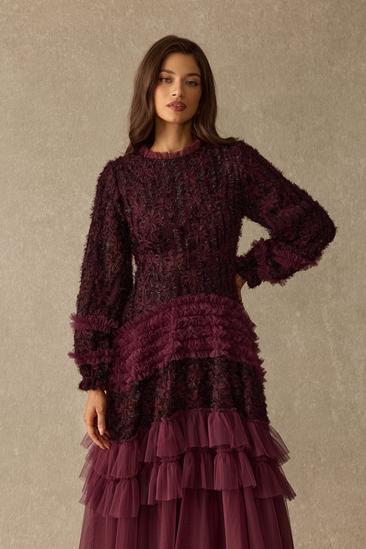 Floral Lace Tulle Tiered Wedding Guest Maxi Dress