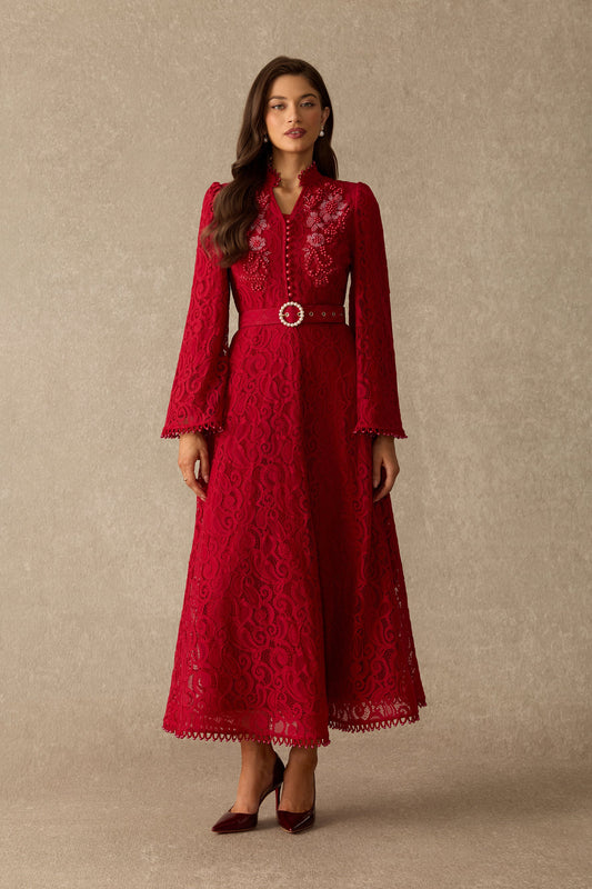 Floral Lace Pearl Embellished Belted Long Flared Sleeves Maxi Dress