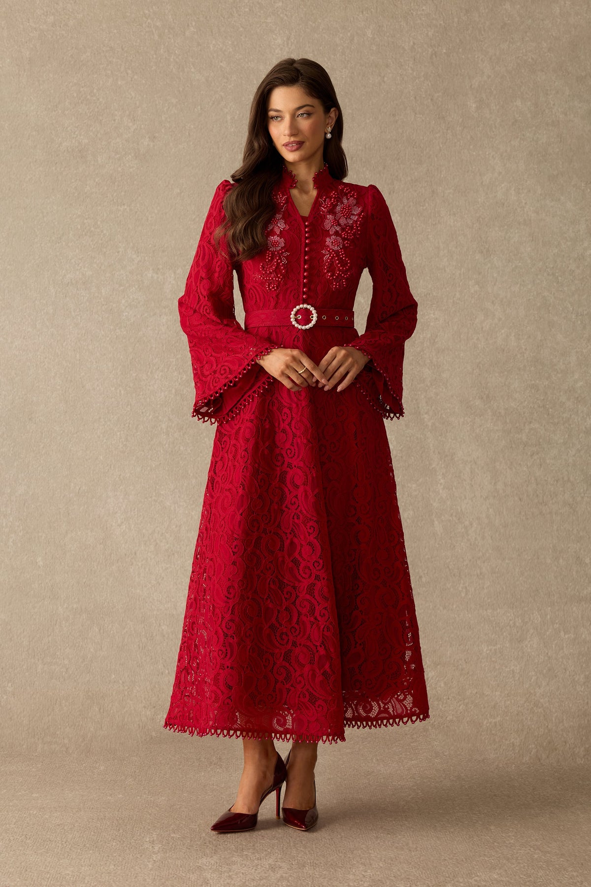 Floral Lace Pearl Embellished Belted Long Flared Sleeves Maxi Dress