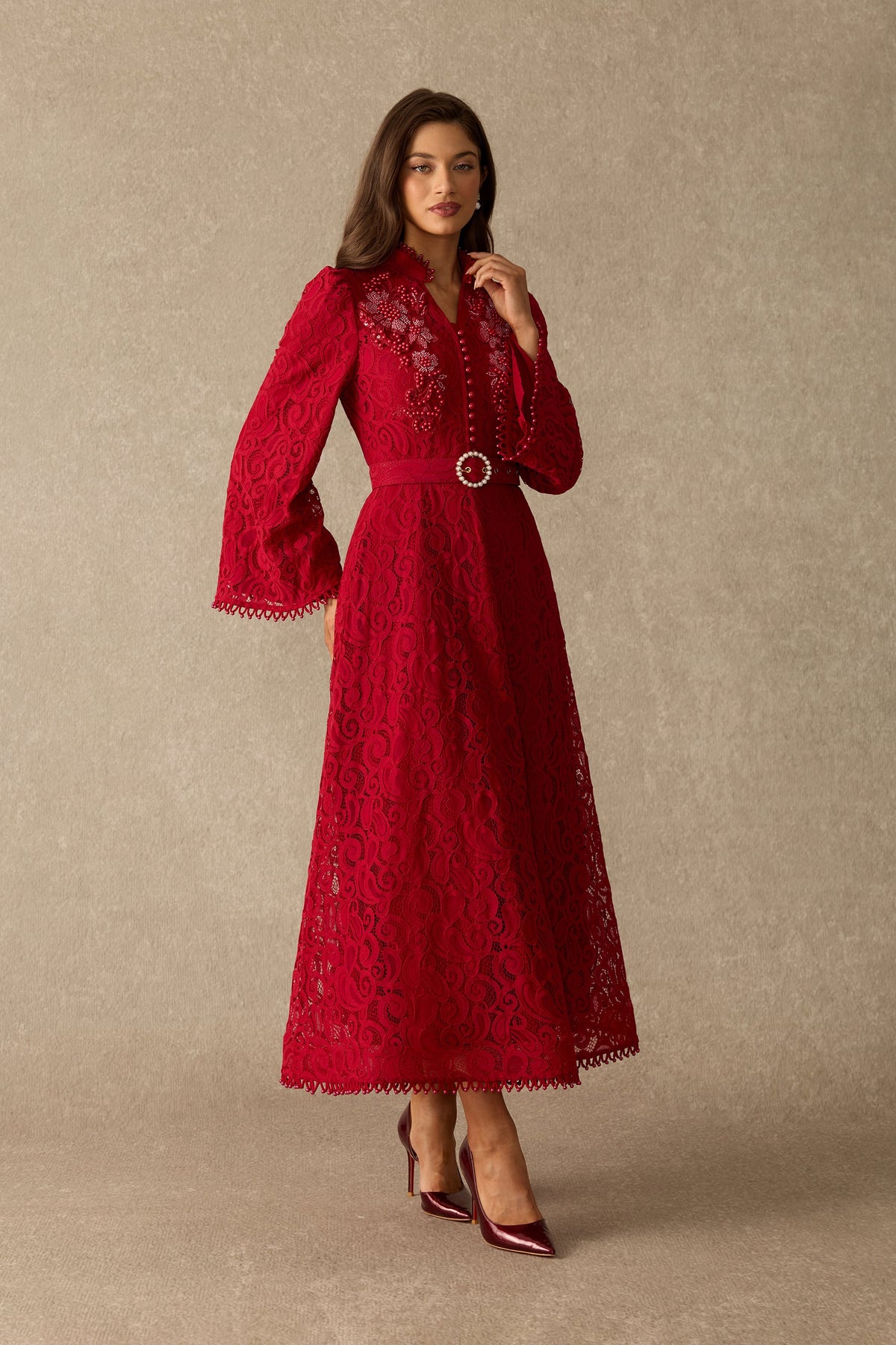 Floral Lace Pearl Embellished Belted Long Flared Sleeves Maxi Dress