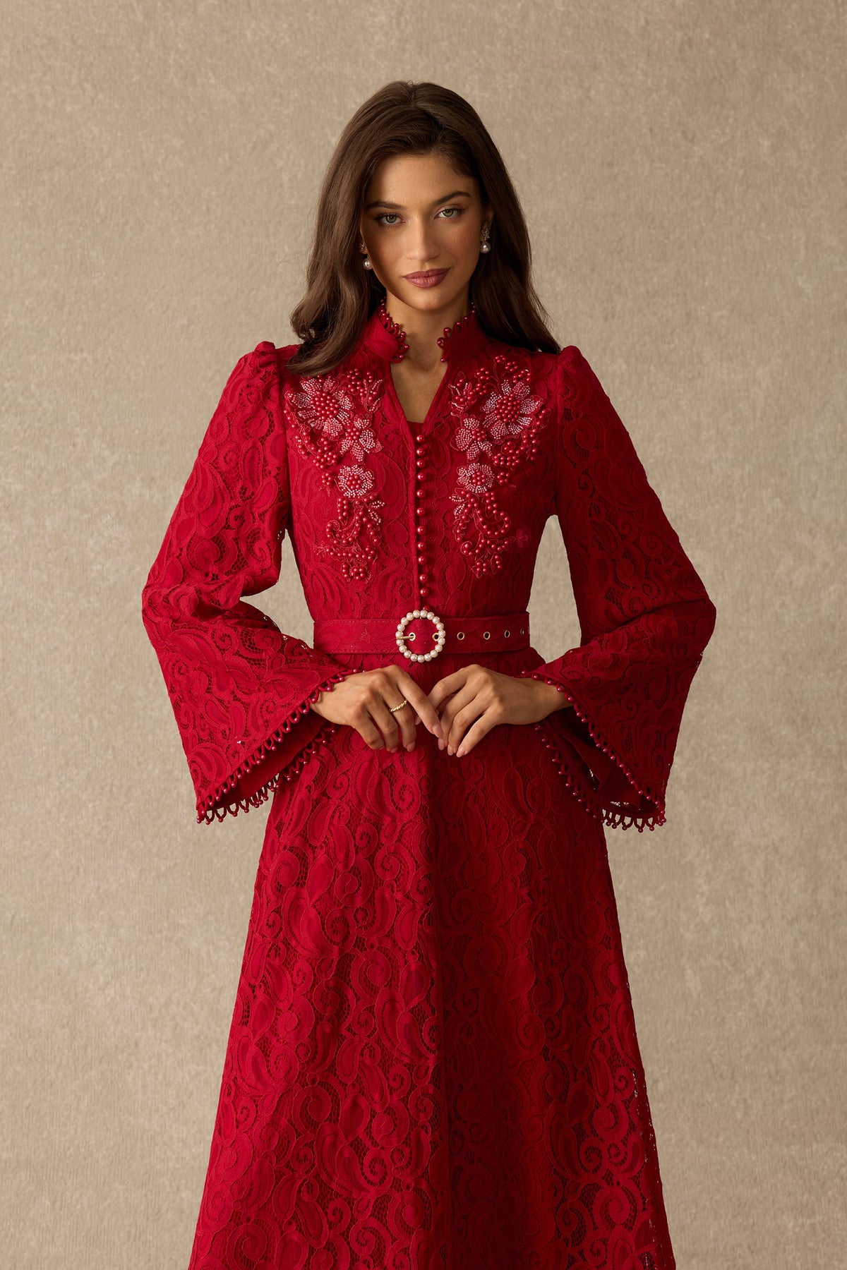 Floral Lace Pearl Embellished Belted Long Flared Sleeves Maxi Dress