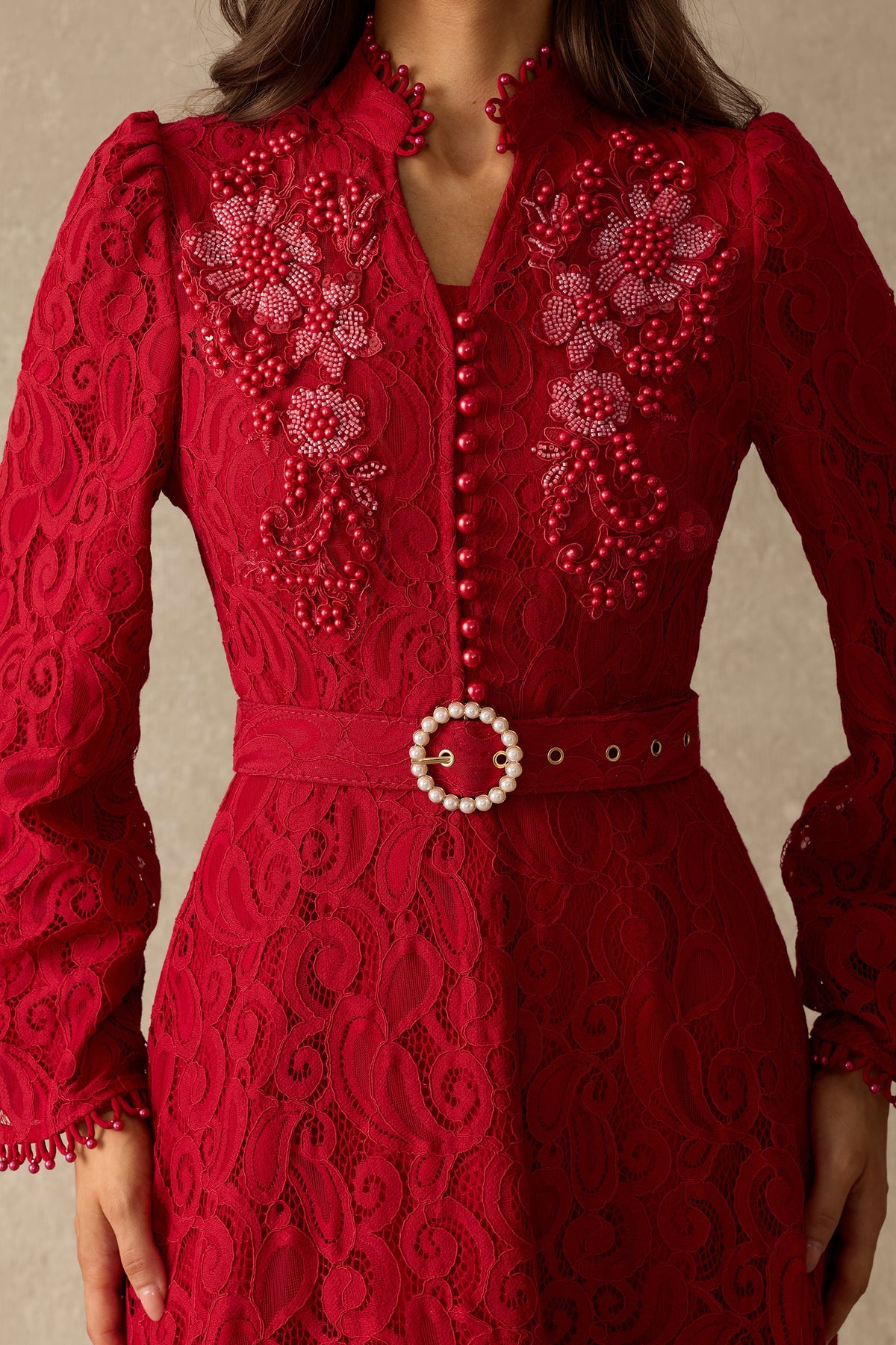 Floral Lace Pearl Embellished Belted Long Flared Sleeves Maxi Dress