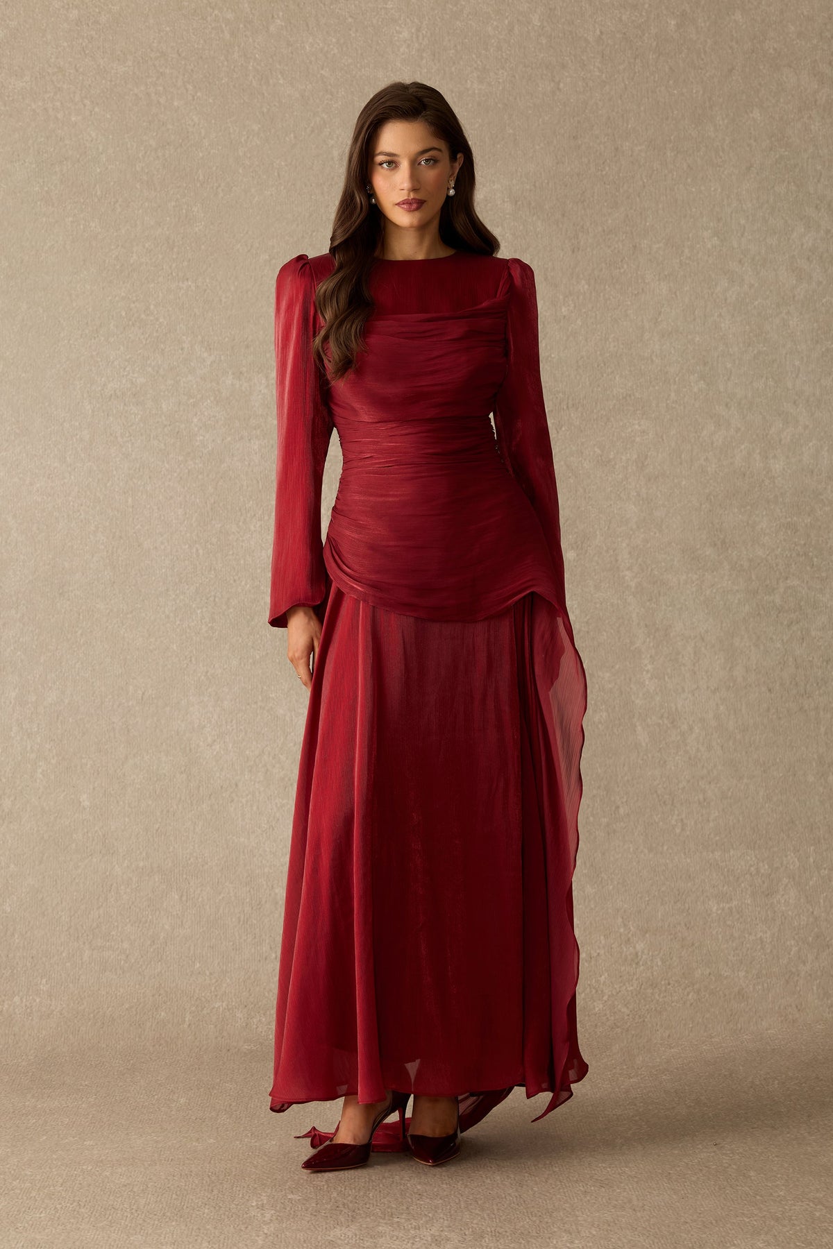 Shimmer Chiffon Asymmetrical Ruffle Ruched Formal Maxi Dress