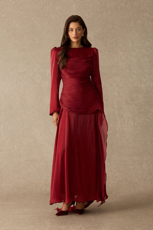 Shimmer Chiffon Asymmetrical Ruffle Ruched Formal Maxi Dress