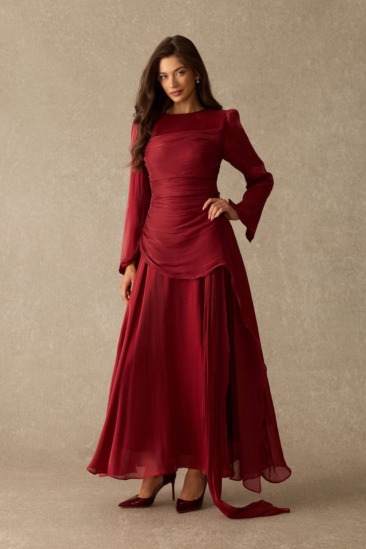 Shimmer Chiffon Asymmetrical Ruffle Ruched Formal Maxi Dress