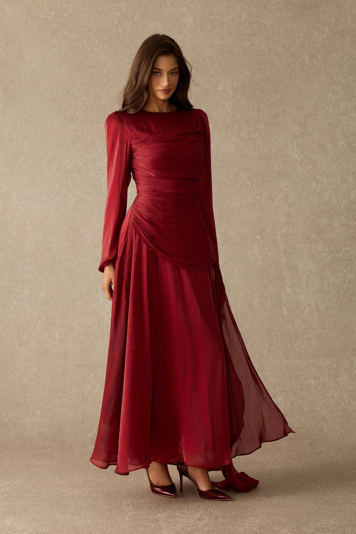 Shimmer Chiffon Asymmetrical Ruffle Ruched Formal Maxi Dress