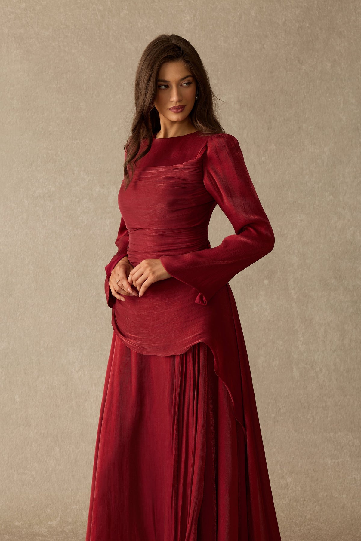 Shimmer Chiffon Asymmetrical Ruffle Ruched Formal Maxi Dress
